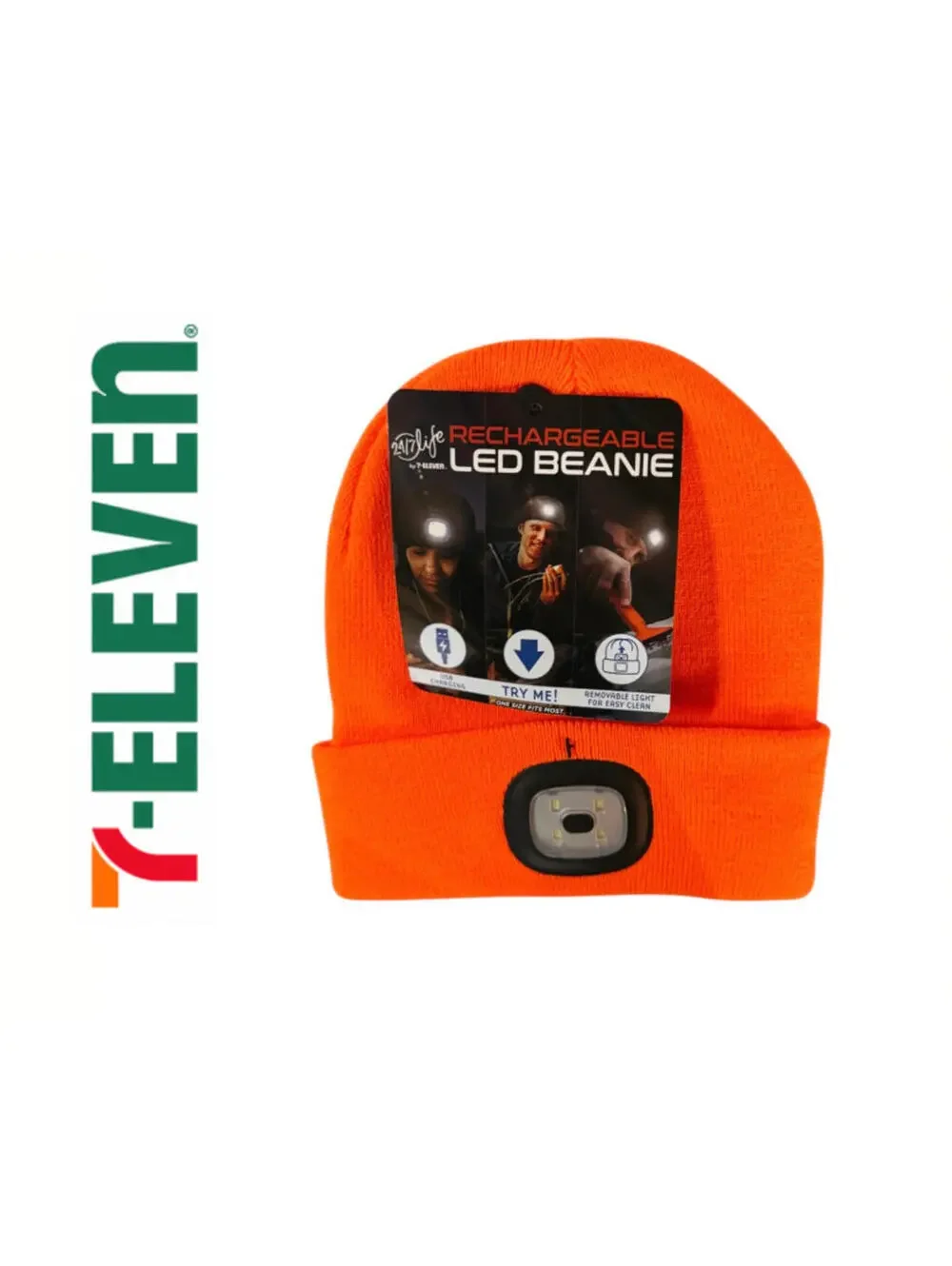 (RB) 24/7 Life by 7Eleven Rechargeable LED Beanie Hat USB Light 3 Modes Orange